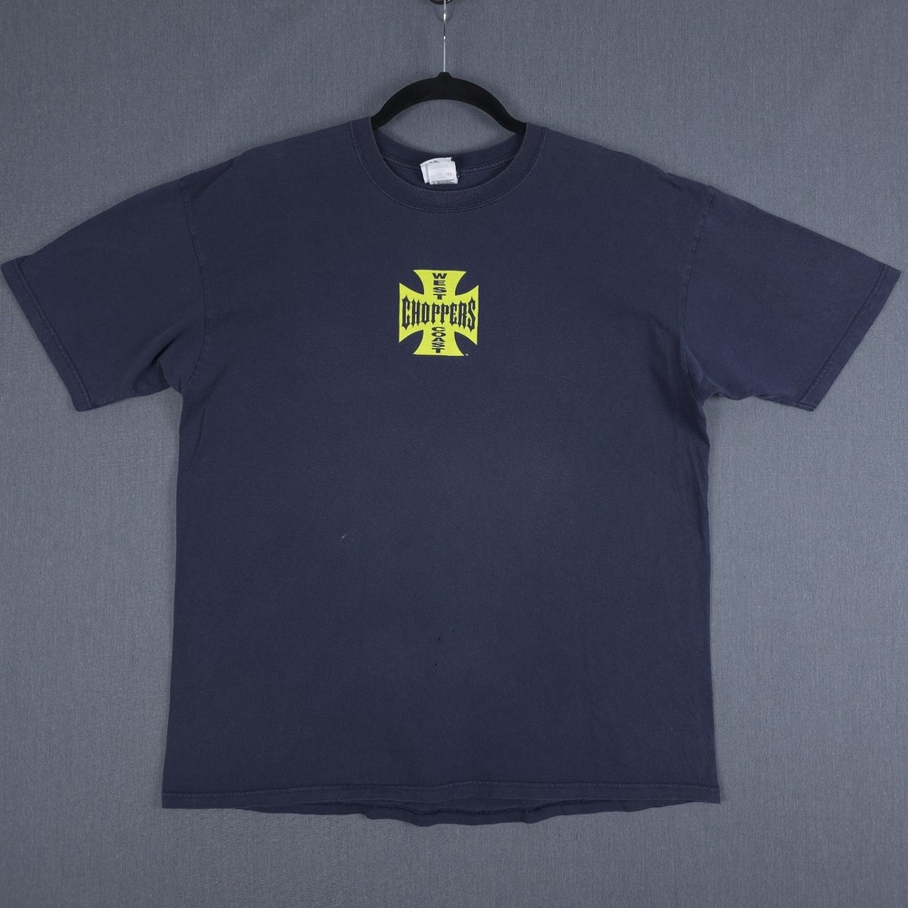 West Coast Choppers Shirt Mens 2XL Faded Blue‎ Short Sleeve Iron Cross 2002 Y2K